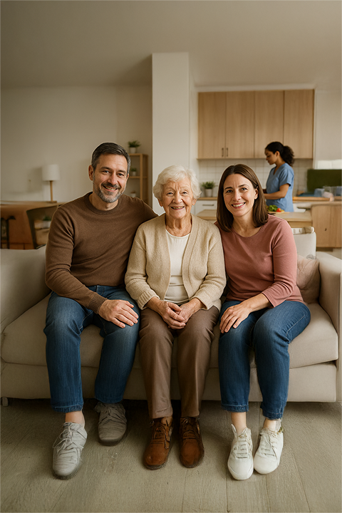 Family sitting with mom on sofa with caregiver in background
